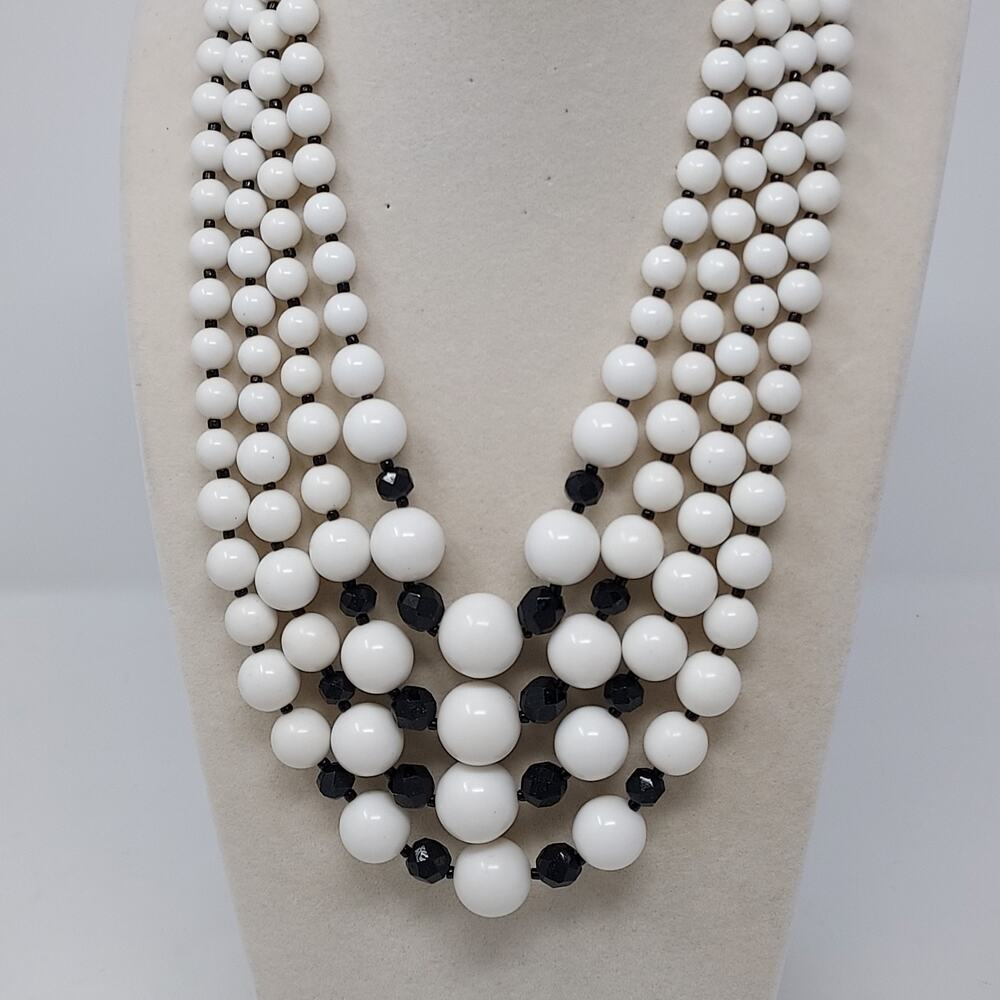 Vintage Japan 4 Strand Black White Bead Necklace Signed Silver Tone Clasp to 21"